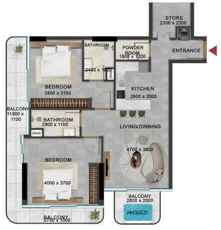 2 bedrooms floor plan