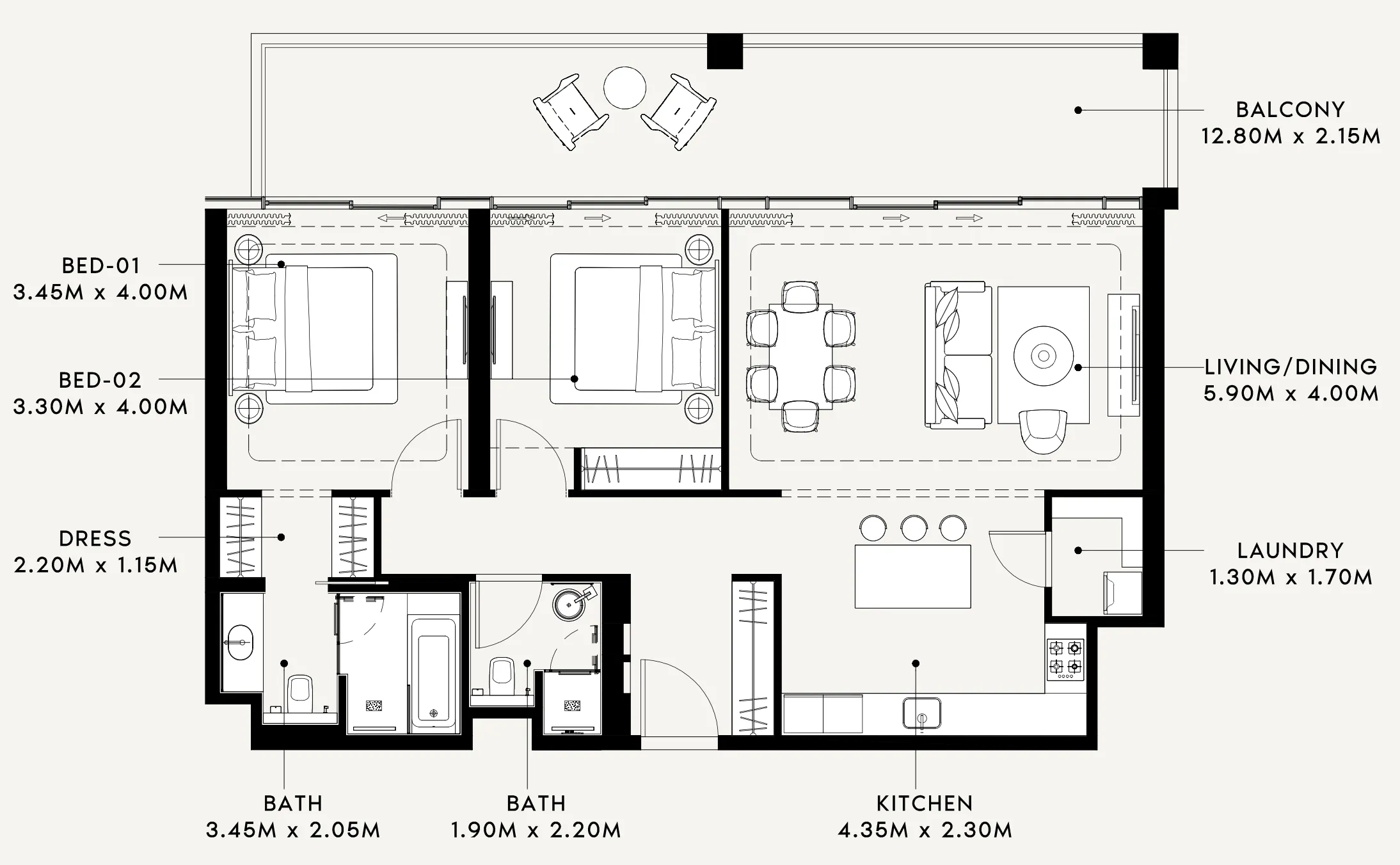 2 bedrooms floor plan