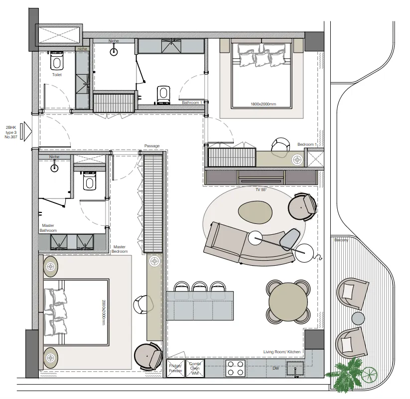 2 bedrooms floor plan