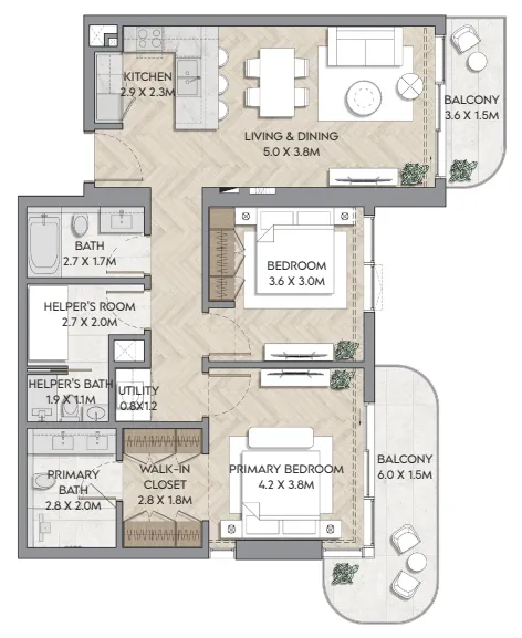 2 bedrooms floor plan