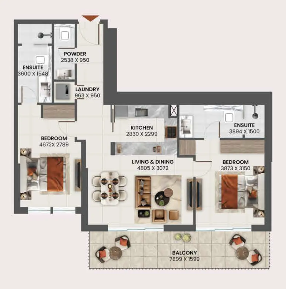 2 bedrooms floor plan