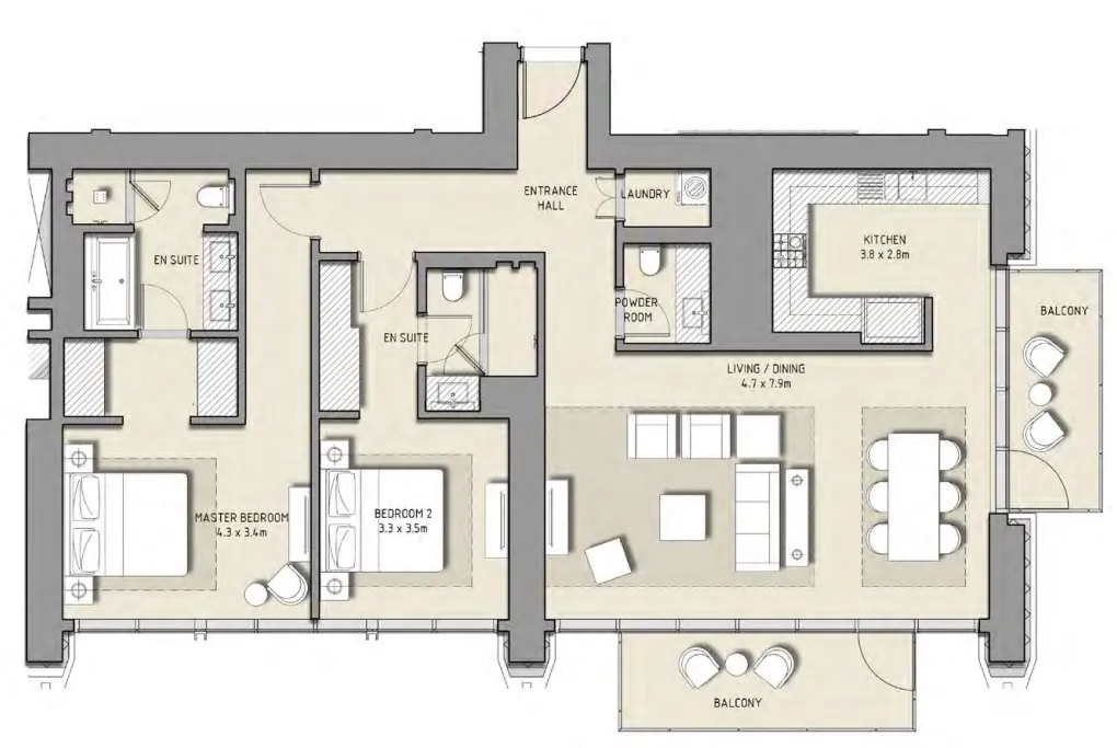 2 bedrooms floor plan
