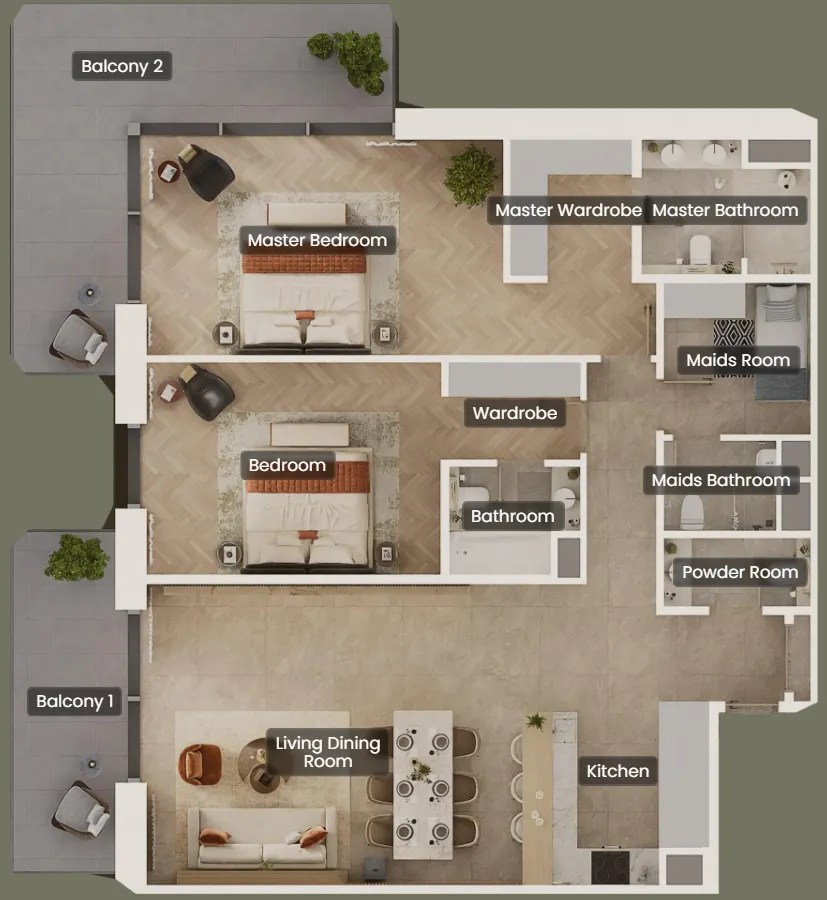 2 bedrooms floor plan