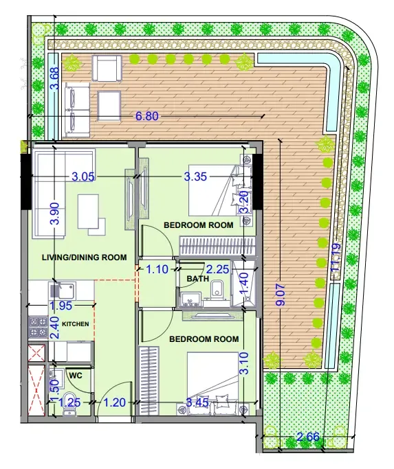 2 bedrooms floor plan