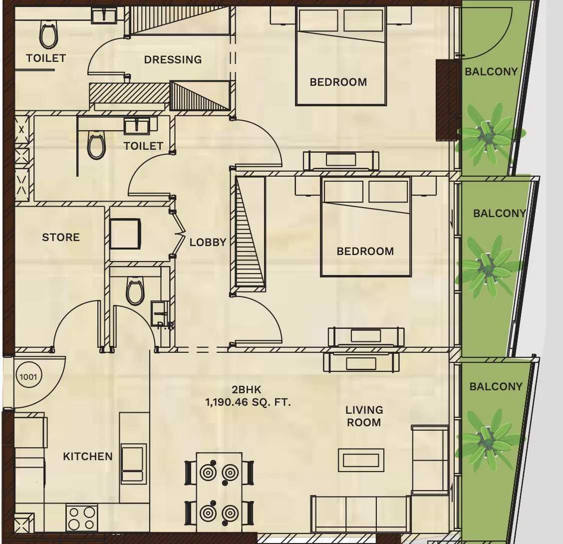 2 bedrooms floor plan