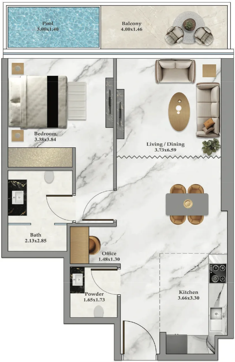 Danube Bayz 102 1BR floor plan