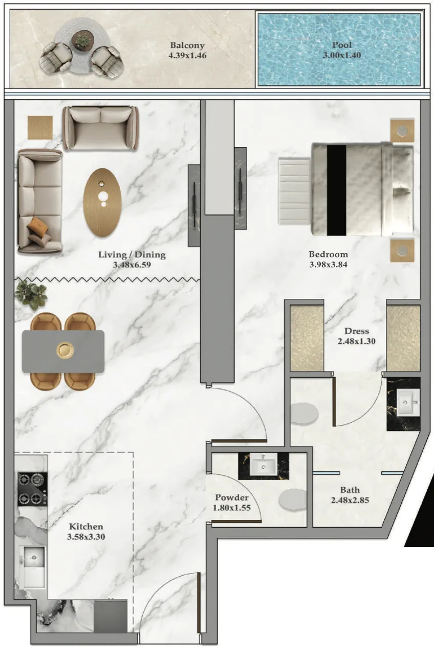 Danube Bayz 102 1BR floor plan