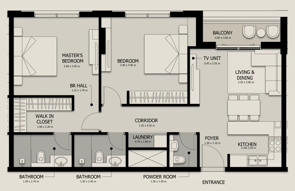 2 bedrooms floor plan