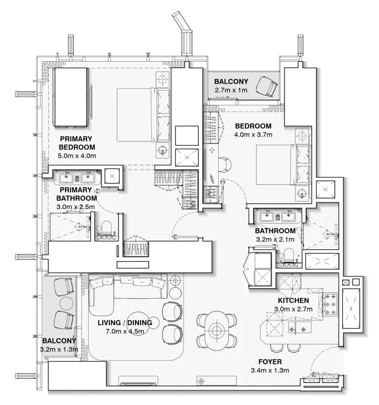 2 bedrooms floor plan