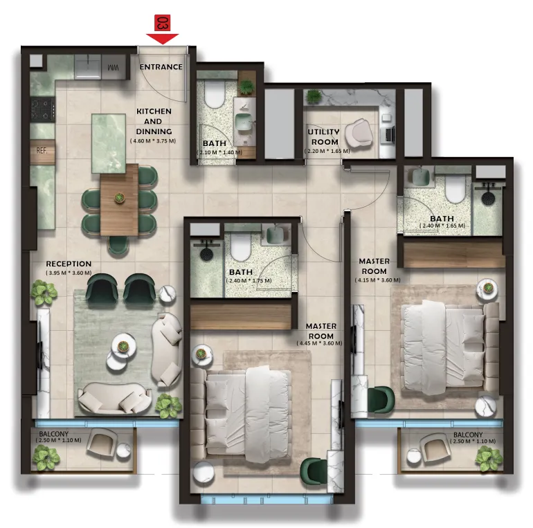 2 bedrooms floor plan