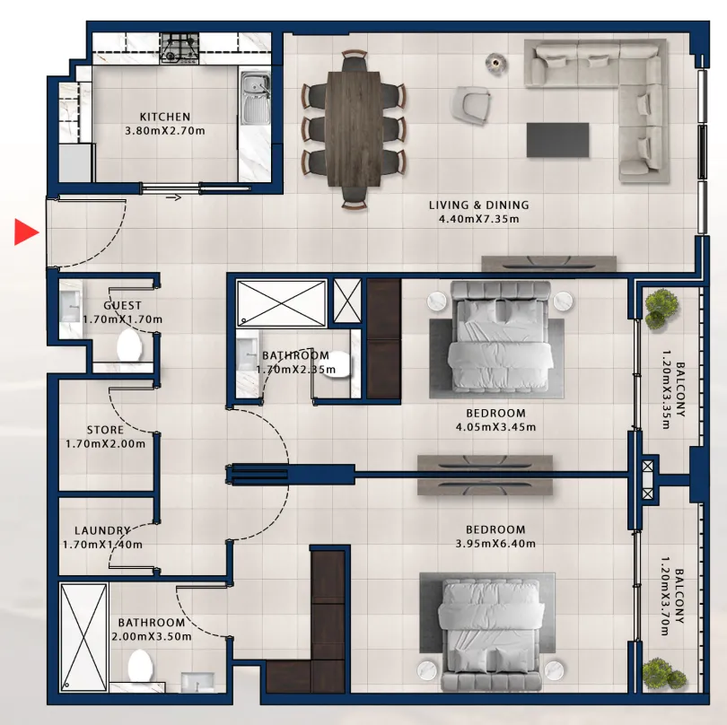 2 bedrooms floor plan