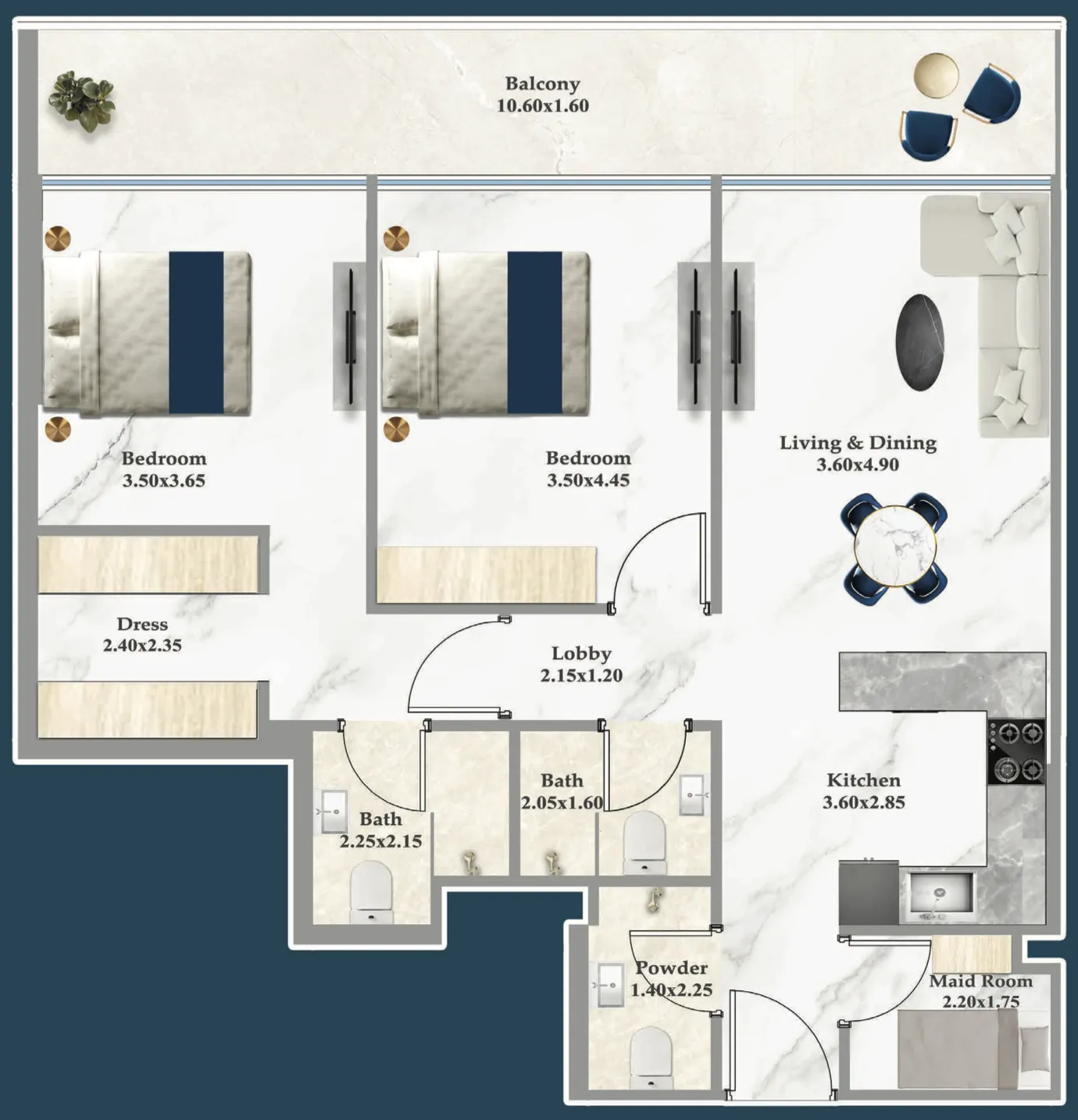 2 bedrooms floor plan