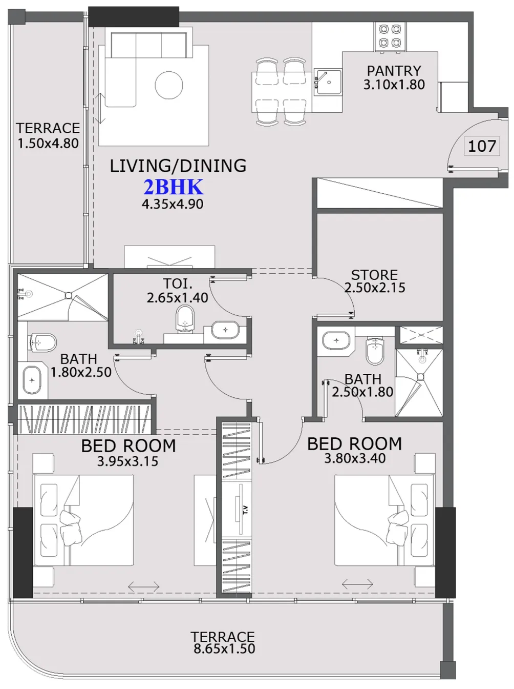 2 bedrooms floor plan