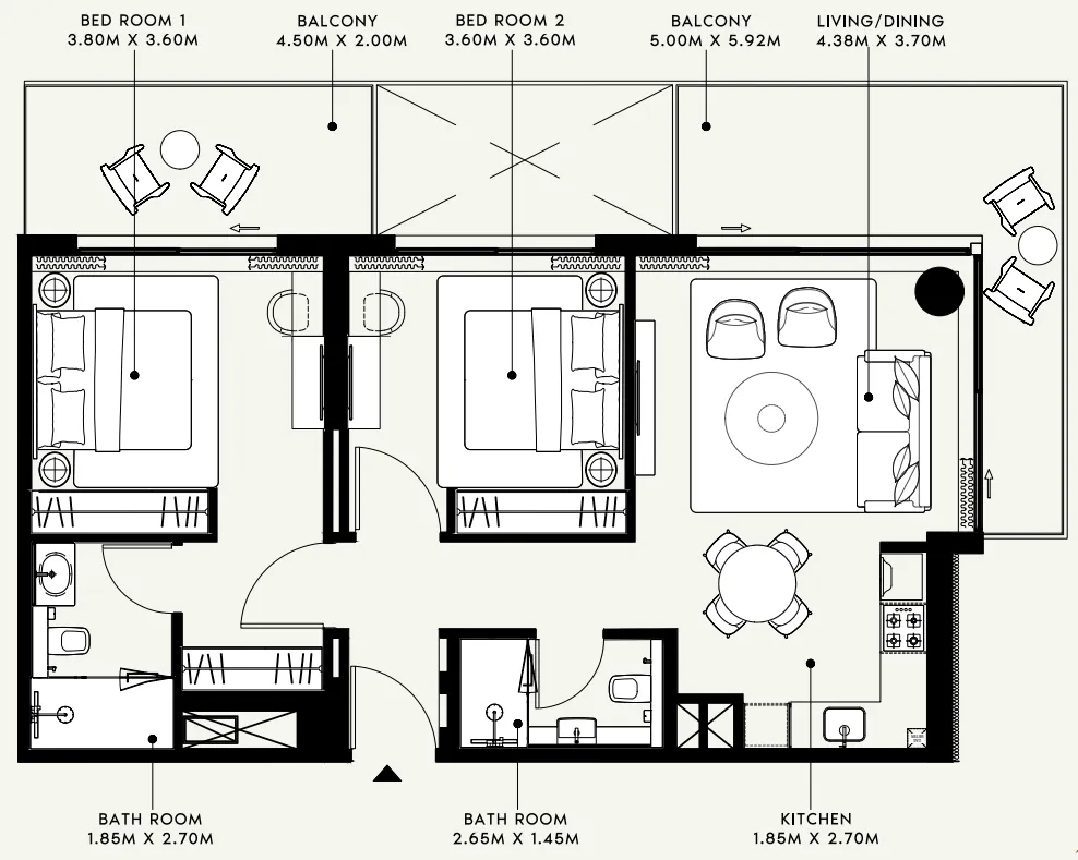 2 bedrooms floor plan