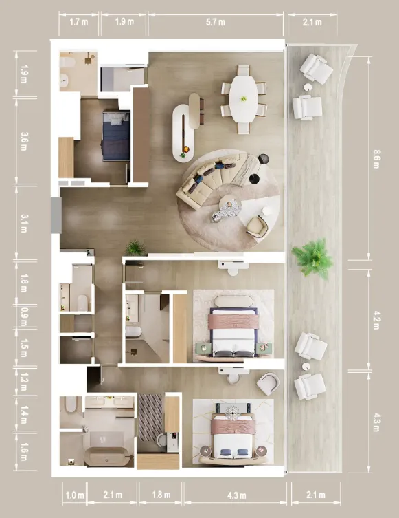 2 bedrooms floor plan