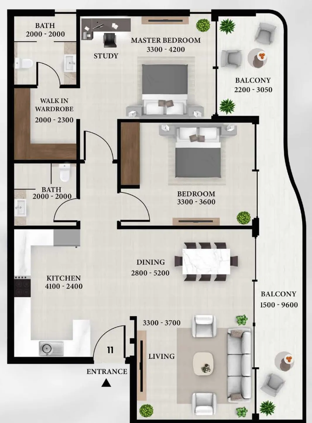 2 bedrooms floor plan