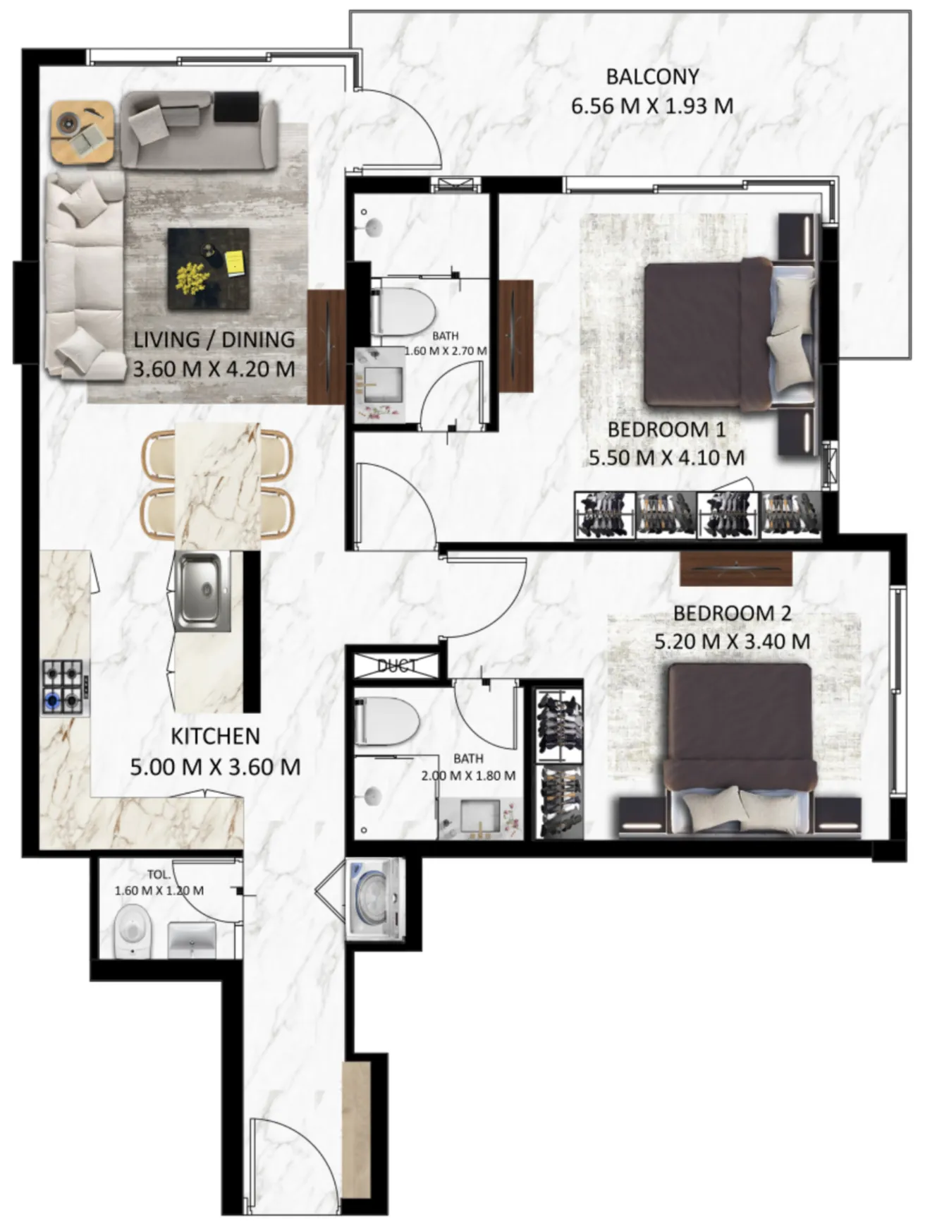 2 bedrooms floor plan