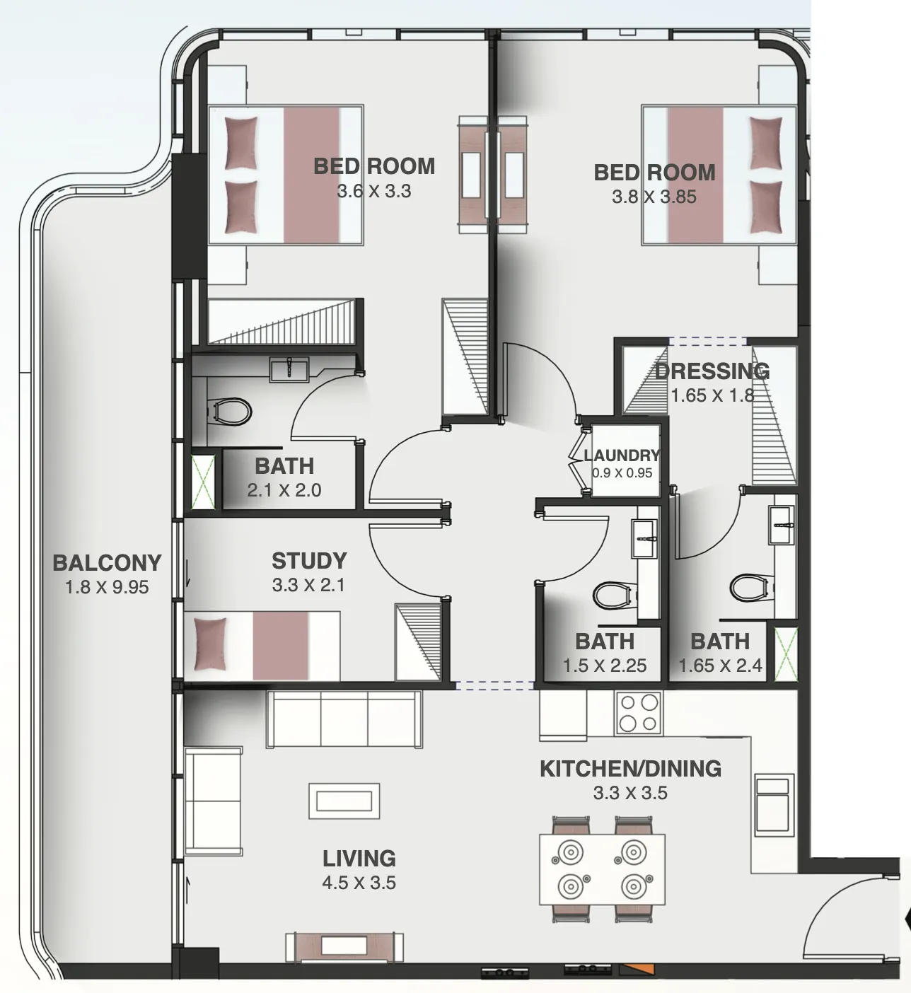 2 bedrooms floor plan