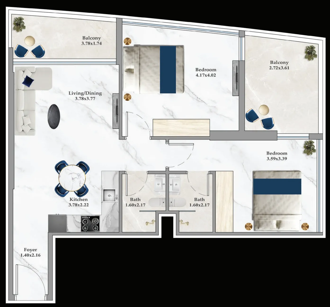 2 bedrooms floor plan