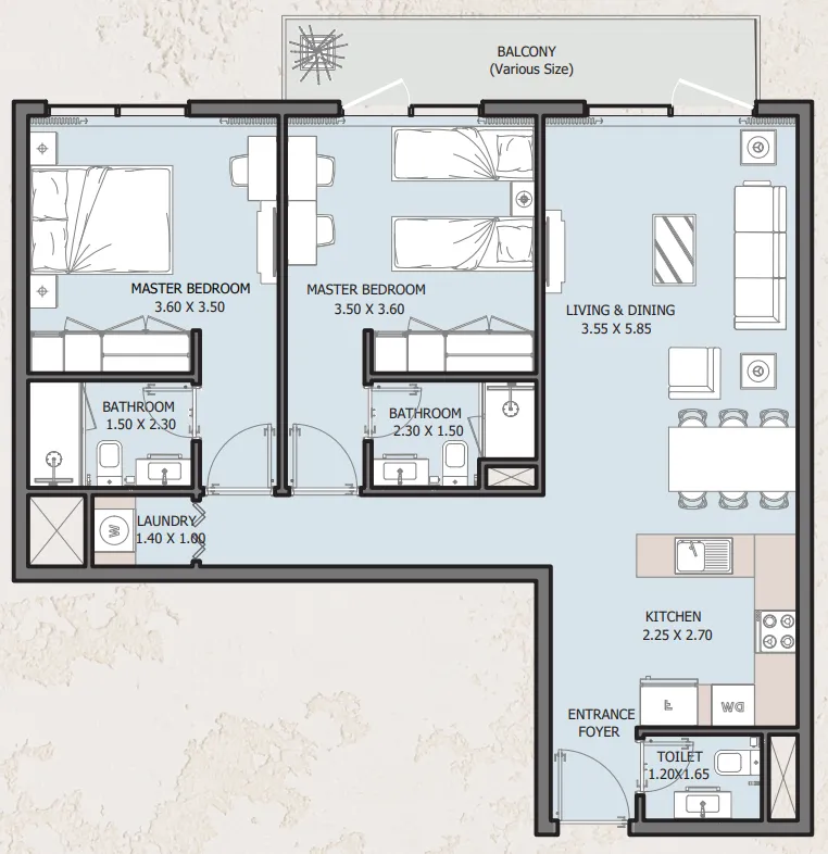 2 bedrooms floor plan
