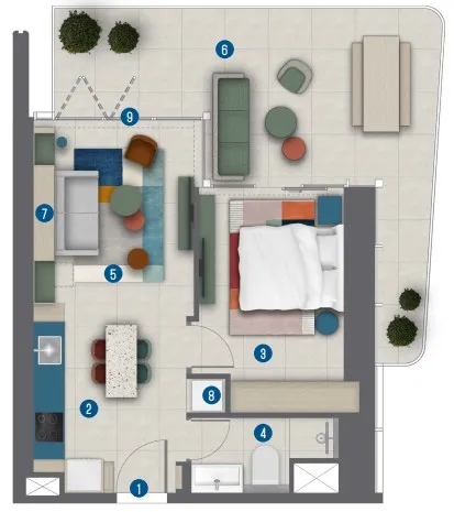 Irth Development Rove Home Marasi Drive 1BR floor plan