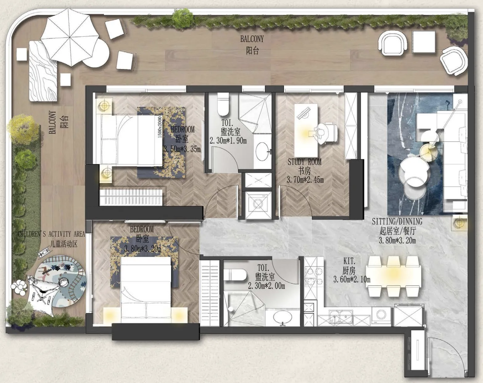2 bedrooms floor plan