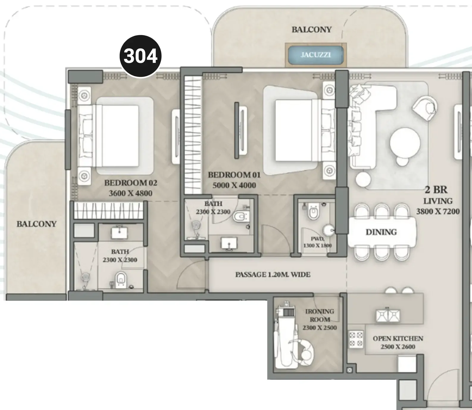 2 bedrooms floor plan