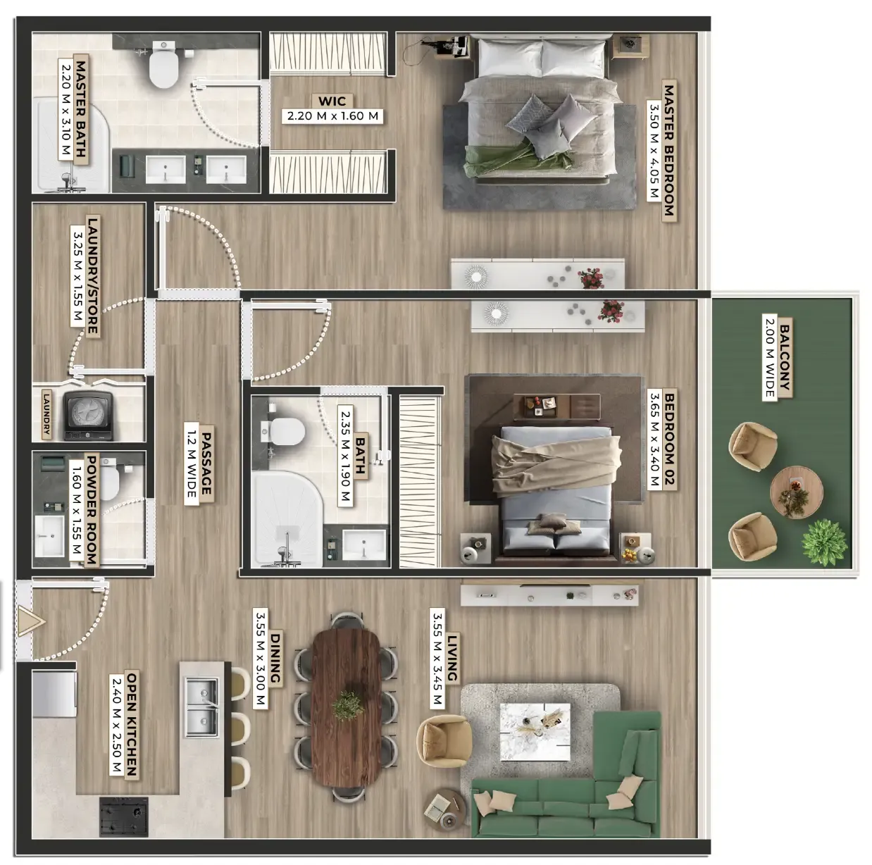 2 bedrooms floor plan