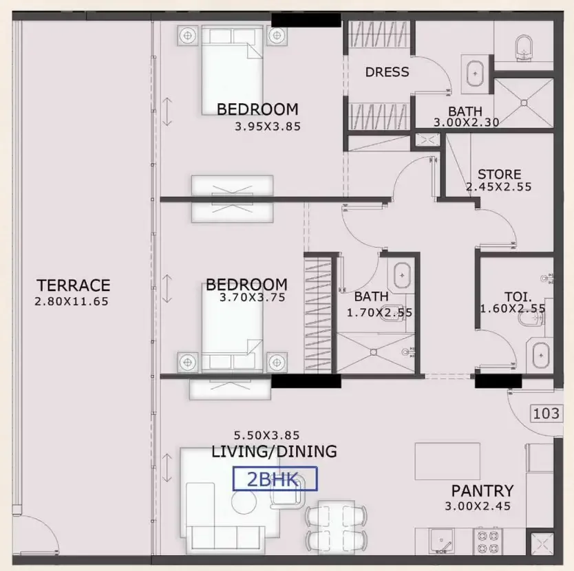 2 bedrooms floor plan