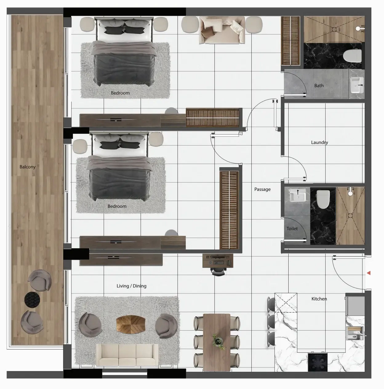 2 bedrooms floor plan
