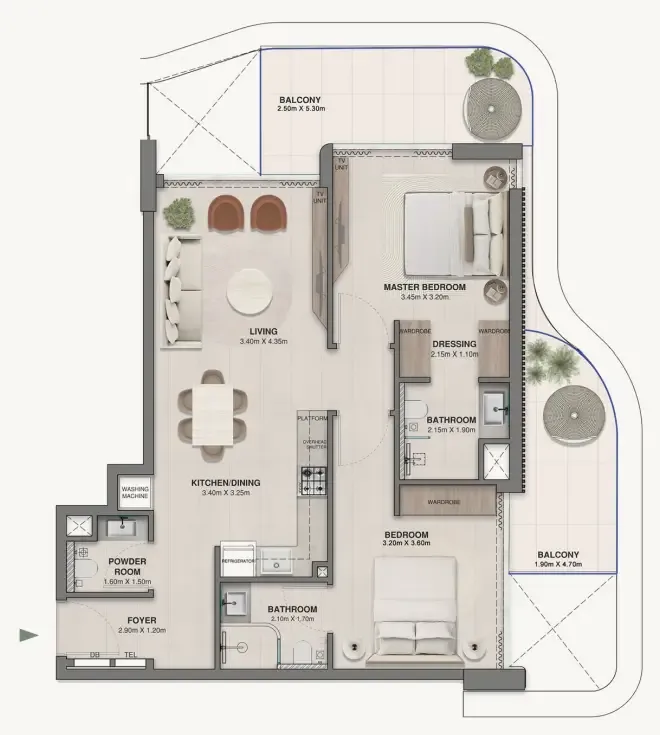 2 bedrooms floor plan