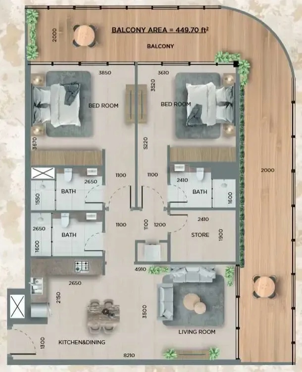 2 bedrooms floor plan