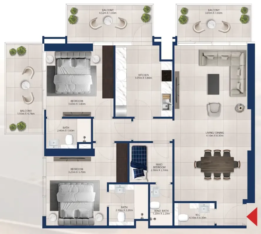 2 bedrooms floor plan