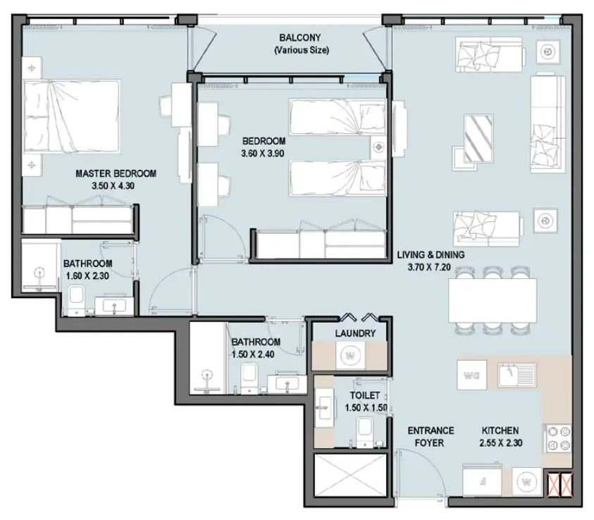 2 bedrooms floor plan