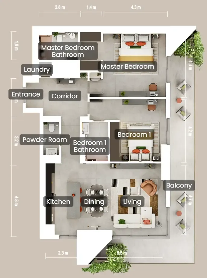 2 bedrooms floor plan