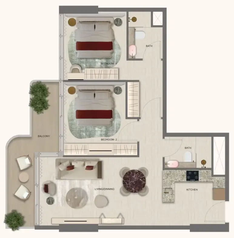 2 bedrooms floor plan