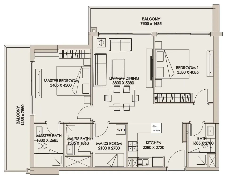 2 bedrooms floor plan