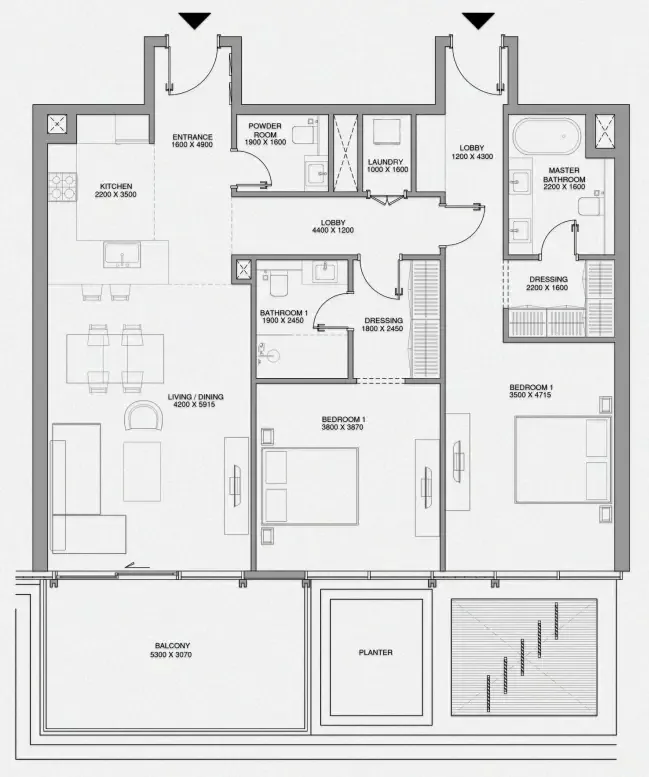 2 bedrooms floor plan