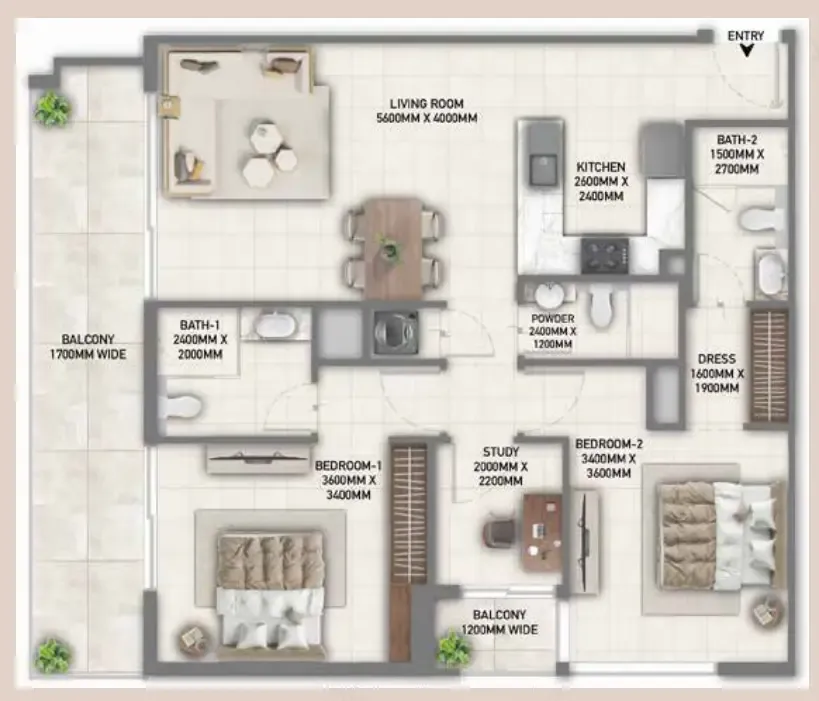 2 bedrooms floor plan