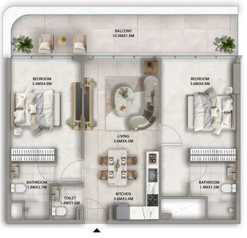 2 bedrooms floor plan