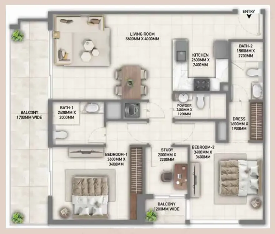 2 bedrooms floor plan
