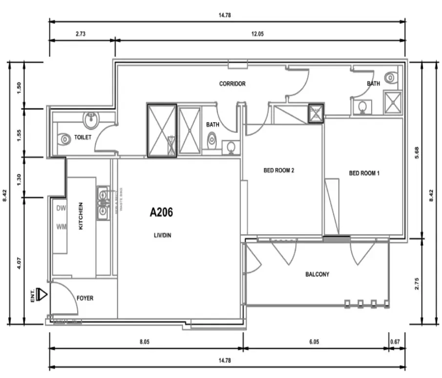 2 bedrooms floor plan