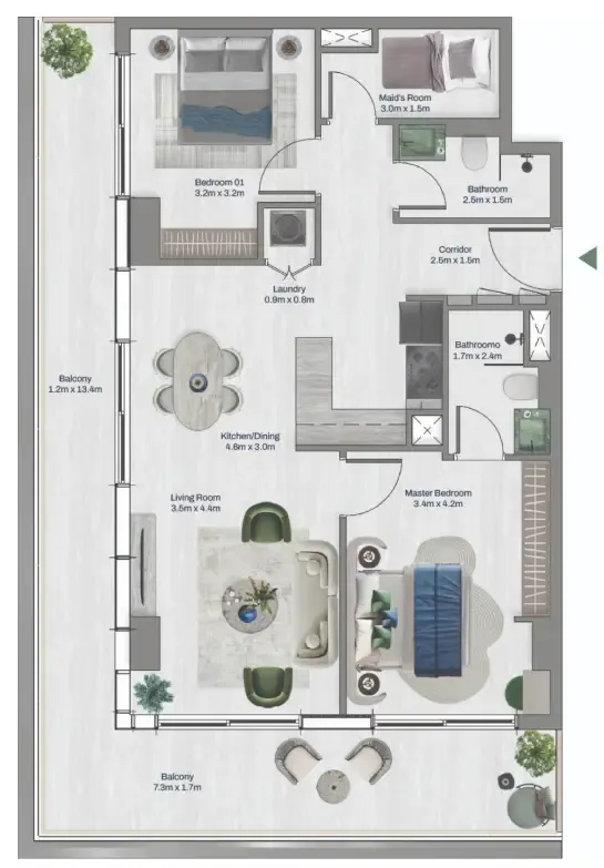 2 bedrooms floor plan