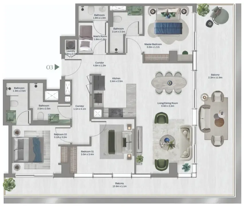 3 bedrooms floor plan