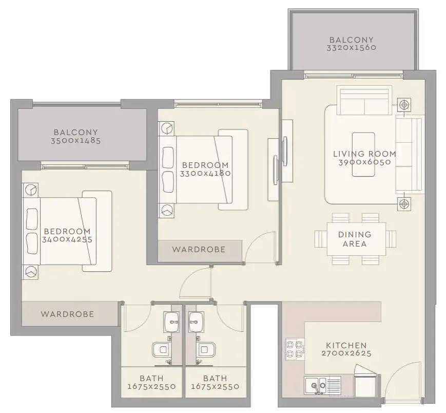 2 bedrooms floor plan