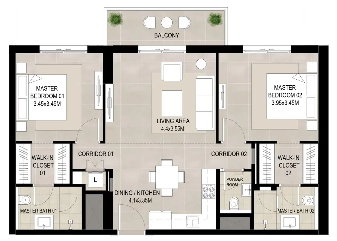 2 bedrooms floor plan