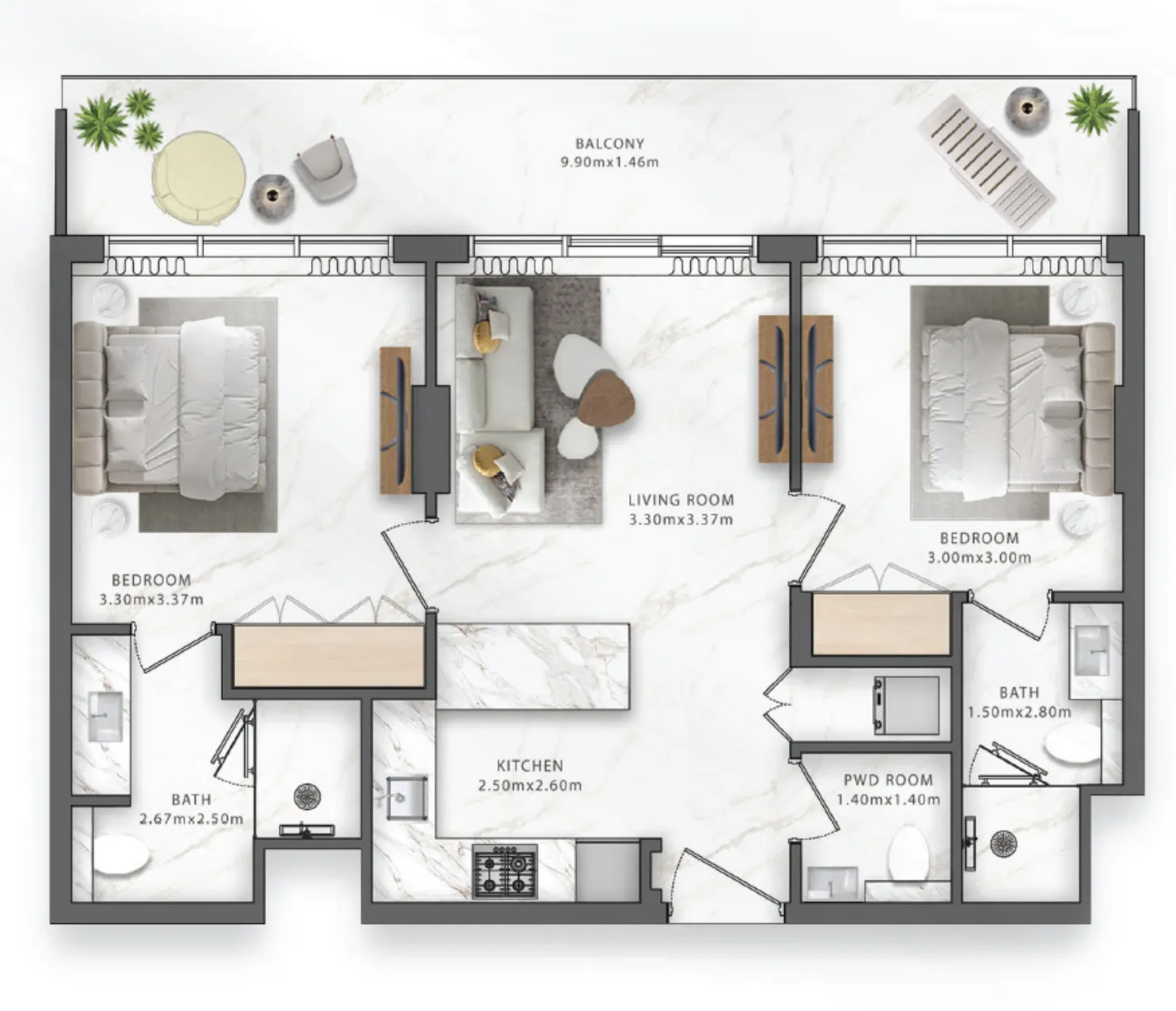 2 bedrooms floor plan