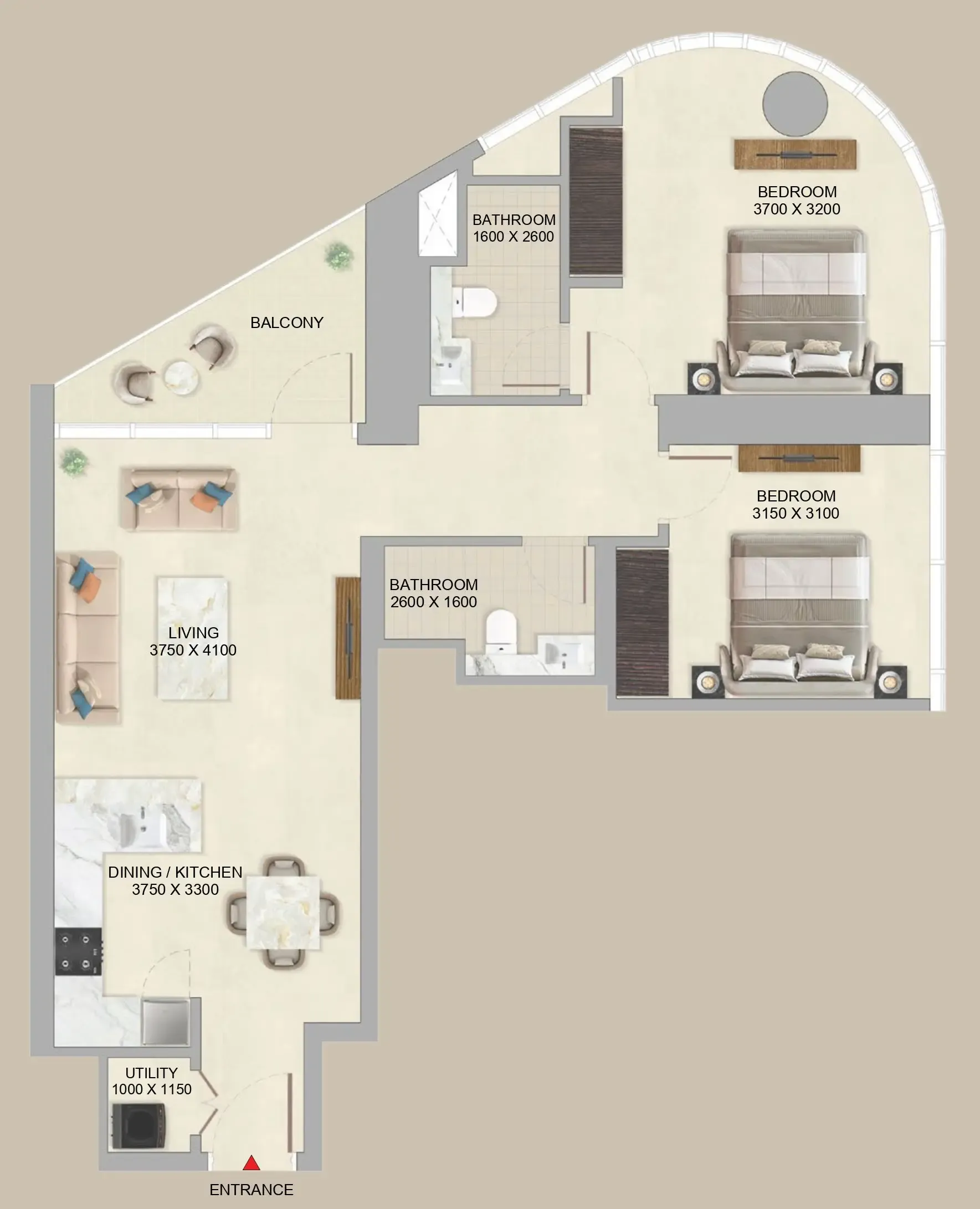 2 bedrooms floor plan