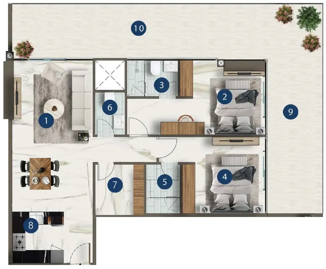 2 bedrooms floor plan
