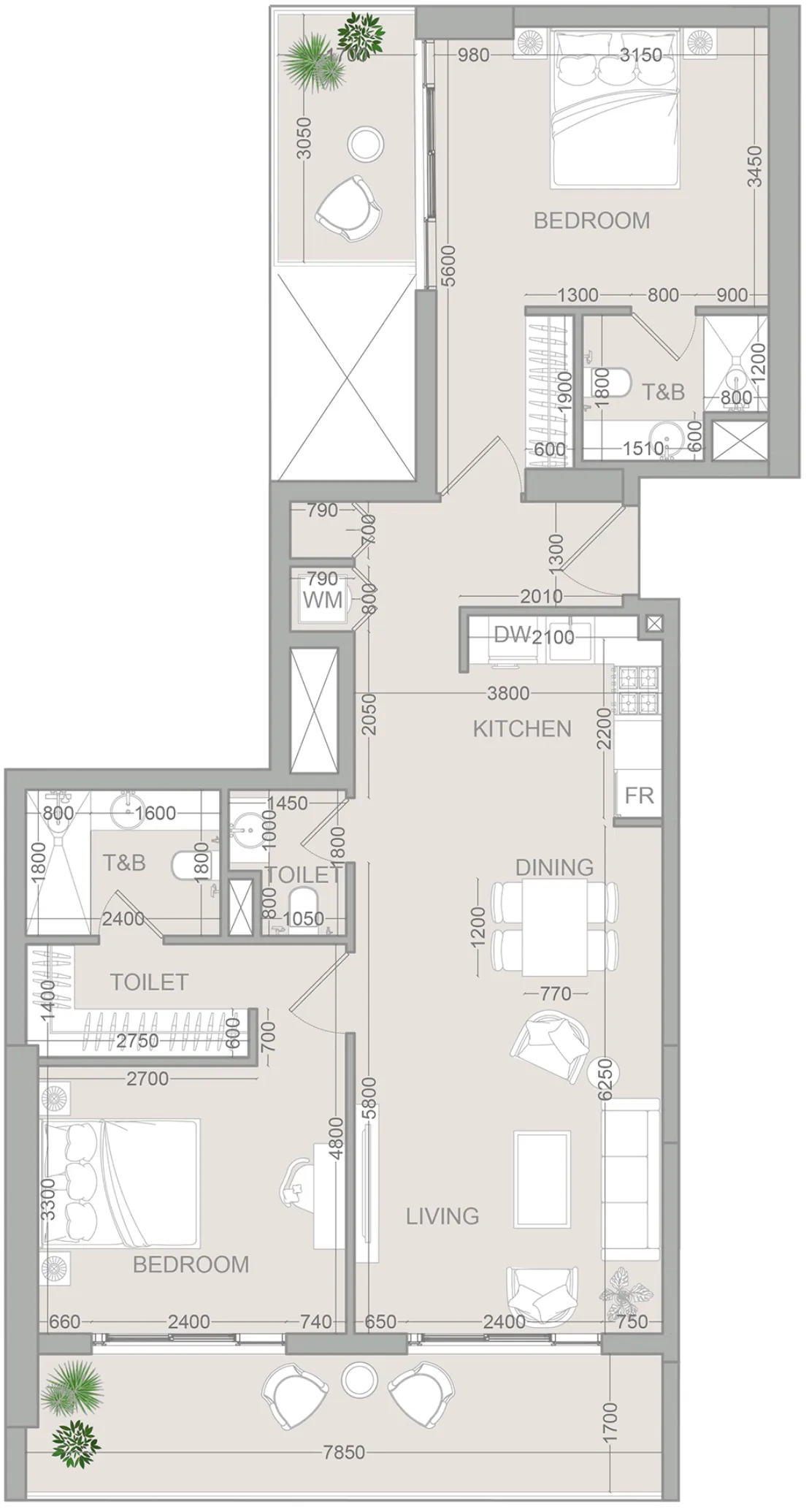 2 bedrooms floor plan